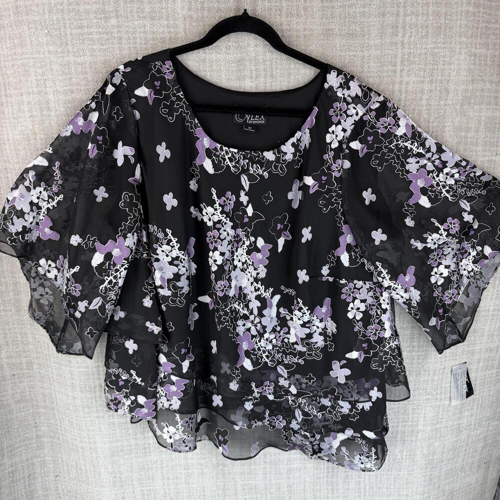 Alex Evenings Blouse Womens 3X Black Kimono Floral Ruffle Embroidered Lined NWT